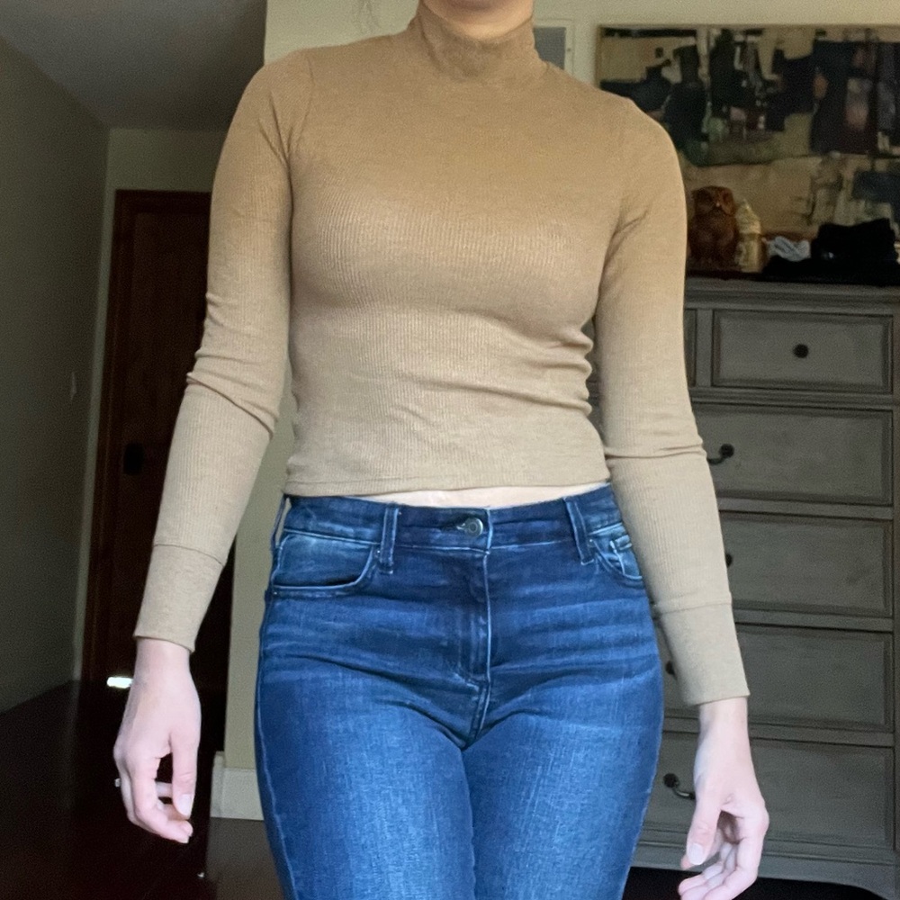 American Eagle Brown Long Sleeve Cropped Hey Baby Mock Neck Tee